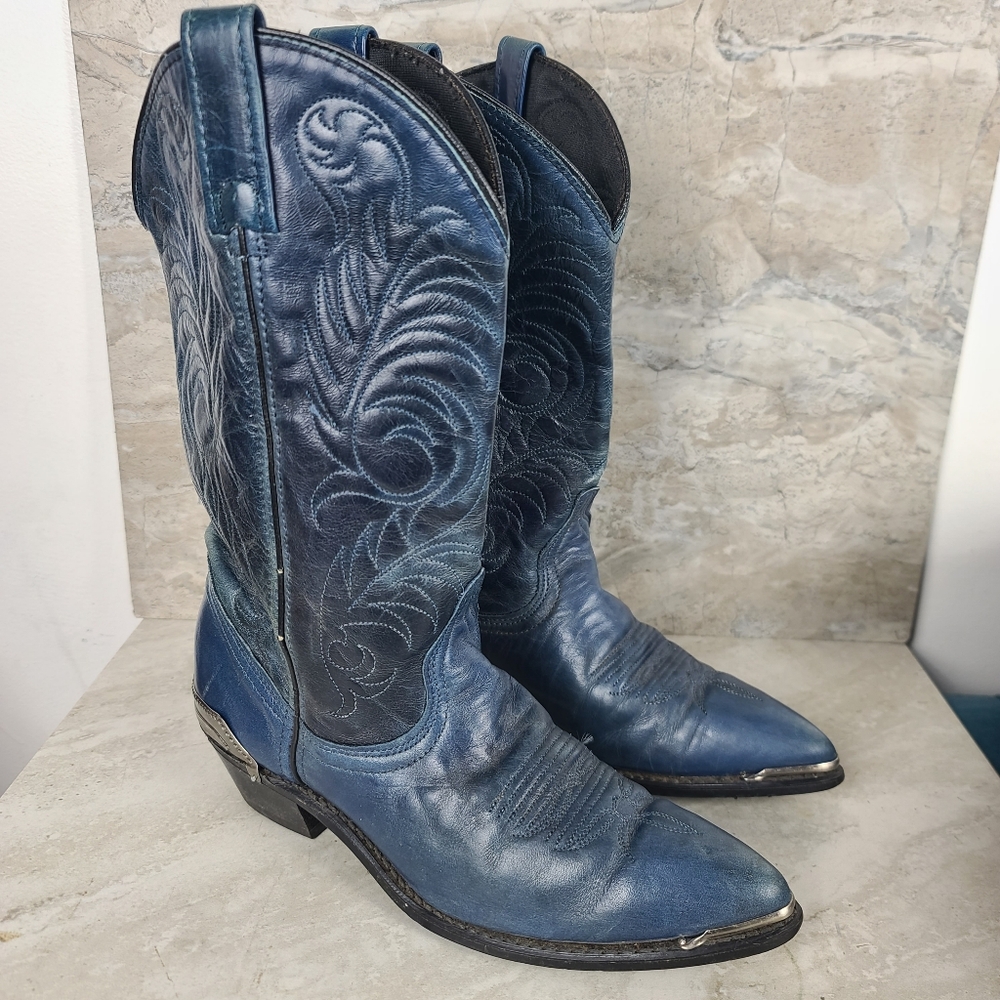 Vintage ACME Blue Leather Western Cowboy Boots Silver Metal Toe & Heel Guards 6